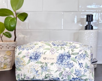 Floral Quilted Cosmetic Bag, Boxy Toiletry Organizer, Zipper Pouch, Cotton Travel Bag