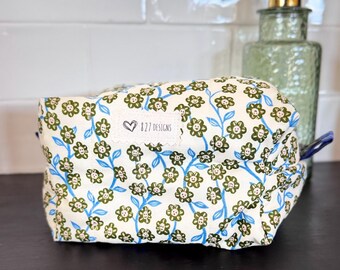 Boxy Quilted Cosmetic Bag, Cheerful Flowers Cotton Travel Organizer, Zipper Pouch