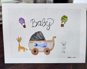 Baby hand painted  watercolor blank greeting card original