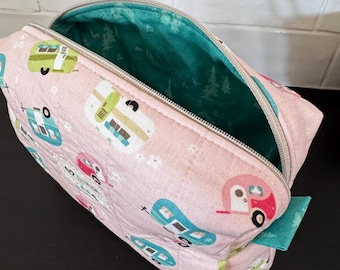 Quilted Camper Makeup Bag, Pink Toiletry Travel Pouch, Riley Blake Cotton