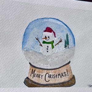 Christmas Snowmen globe  watercolor blank greeting card original