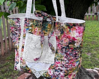 Handmade floral handbag quilted tote with vintage doilie trim.