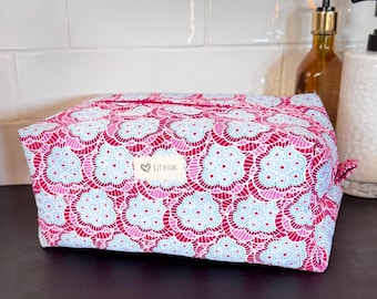 Quilted Cosmetic Bag, pink floral  Tilda Fabrics Travel Organizer Pouch