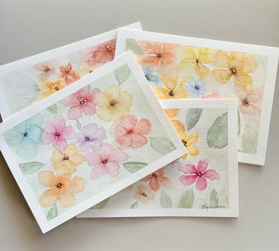 Hand Painted Flowers Watercolor Blank Greeting Cards Set of 4 Original ...