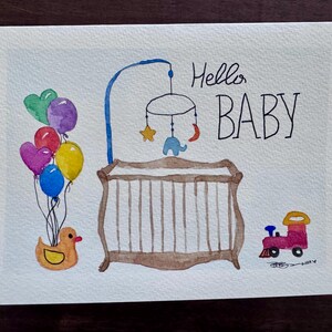 Baby  crib watercolor blank greeting card original