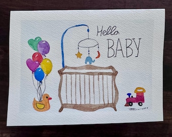 Hello Baby hand painted watercolor blank greeting card original