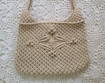 1960s Macrame Handbag Made in the Philippines, Boho Hippie Womens Purse