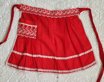 Red and White Cotton and Lace Women's Kitchen Apron, Holiday Gift for Her, Christmas Linens