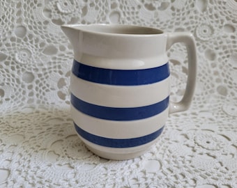 Staffordshire Ironstone Chef Ware Milk Jug Pitcher, Blue & White Stripes, Made in England