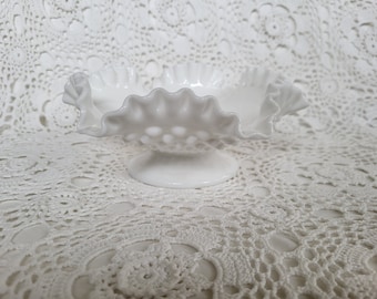 Small Fenton Hobnail Milk Glass Footed Ruffled Serving Bowl