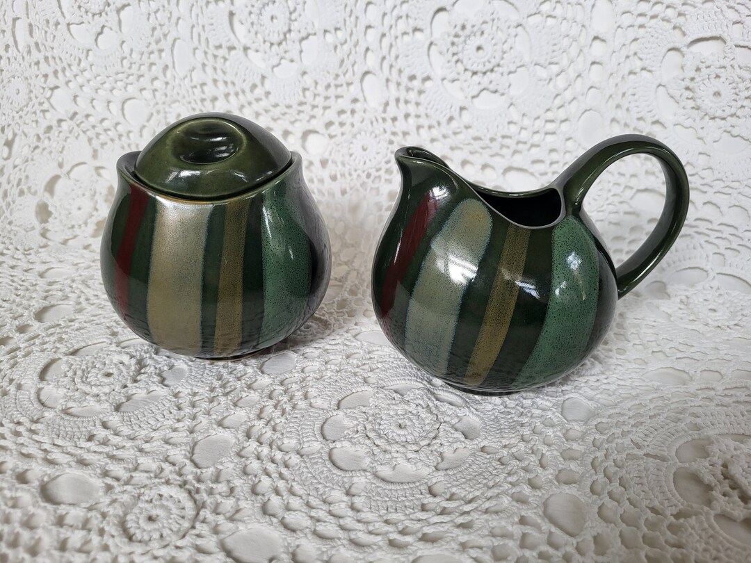 Sango Avanti Dark Green Striped Sugar Bowl & Creamer Set, Style of Eva