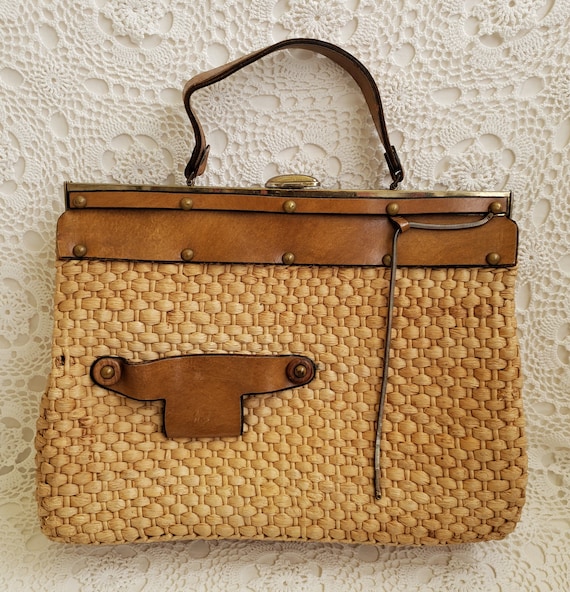 1960s Straw & Leather Grommet Handbag Tote, Women… - image 1