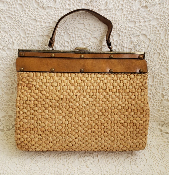 1960s Straw & Leather Grommet Handbag Tote, Women… - image 6