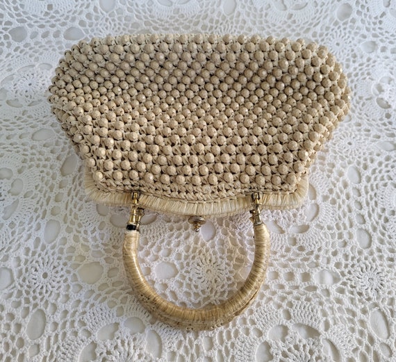 Mid Century Ivory Italian Straw Rafia Beaded Purs… - image 5