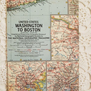 May include: A vintage map of the United States from Washington, D.C. to Boston, published by the National Geographic Society in August 1962. The map shows major cities, roads, and railroads. The map is printed on a light blue background with brown, red, and black lines.