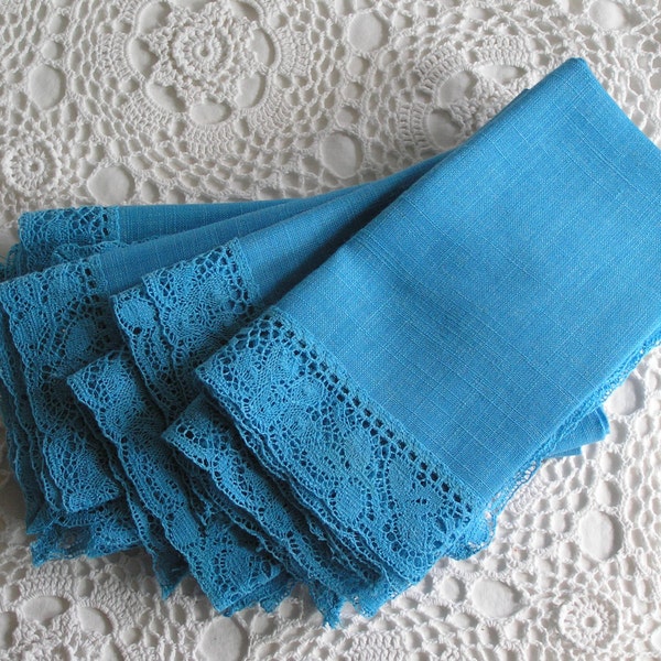 Set of 8 Turquoise Linen Crochet Edge Cloth Napkins, Vintage Linens