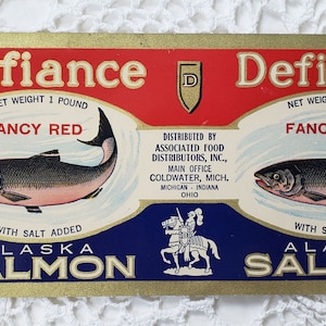 Defiance Alaska Salmon Can Label, American Advertisement, Red White Blue, Michigan, Midwest, Ready to Frame