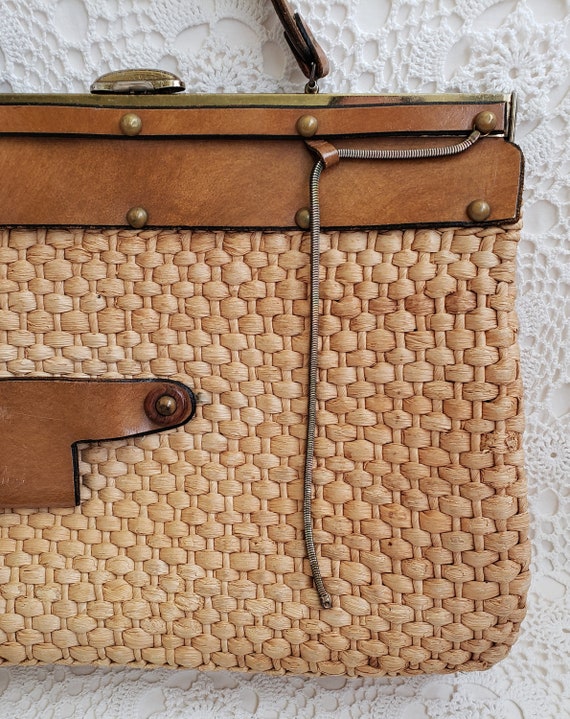 1960s Straw & Leather Grommet Handbag Tote, Women… - image 8