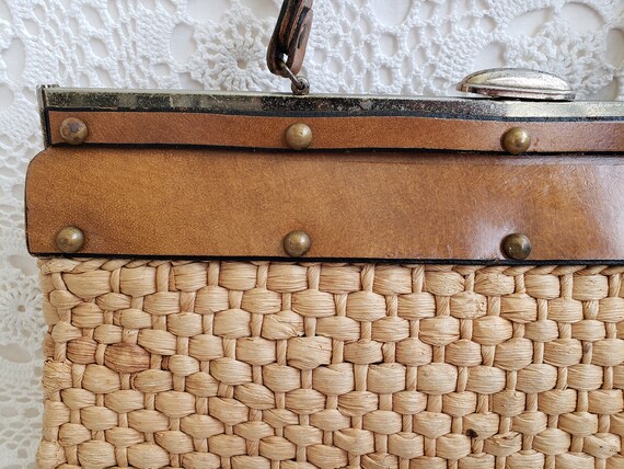 1960s Straw & Leather Grommet Handbag Tote, Women… - image 7