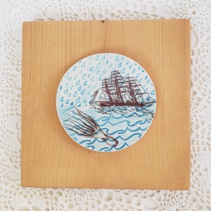 Nautical Clay Relief Wooden Plaque Wall Decor, Clipper Ship, Squid Octopus