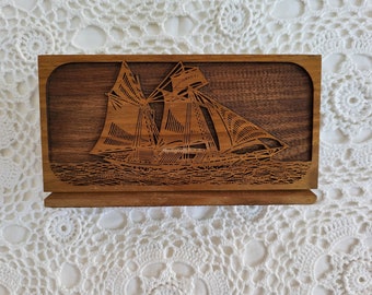 Sailboat Clipper Ship Wood Engraving Letter Holder, 1980s Home Office Decor