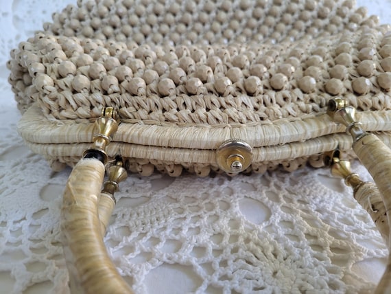 Mid Century Ivory Italian Straw Rafia Beaded Purs… - image 7