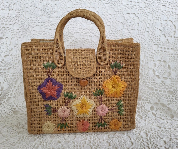 1960s Straw Bag with Floral Raffia,'Bags by Whidb… - image 1