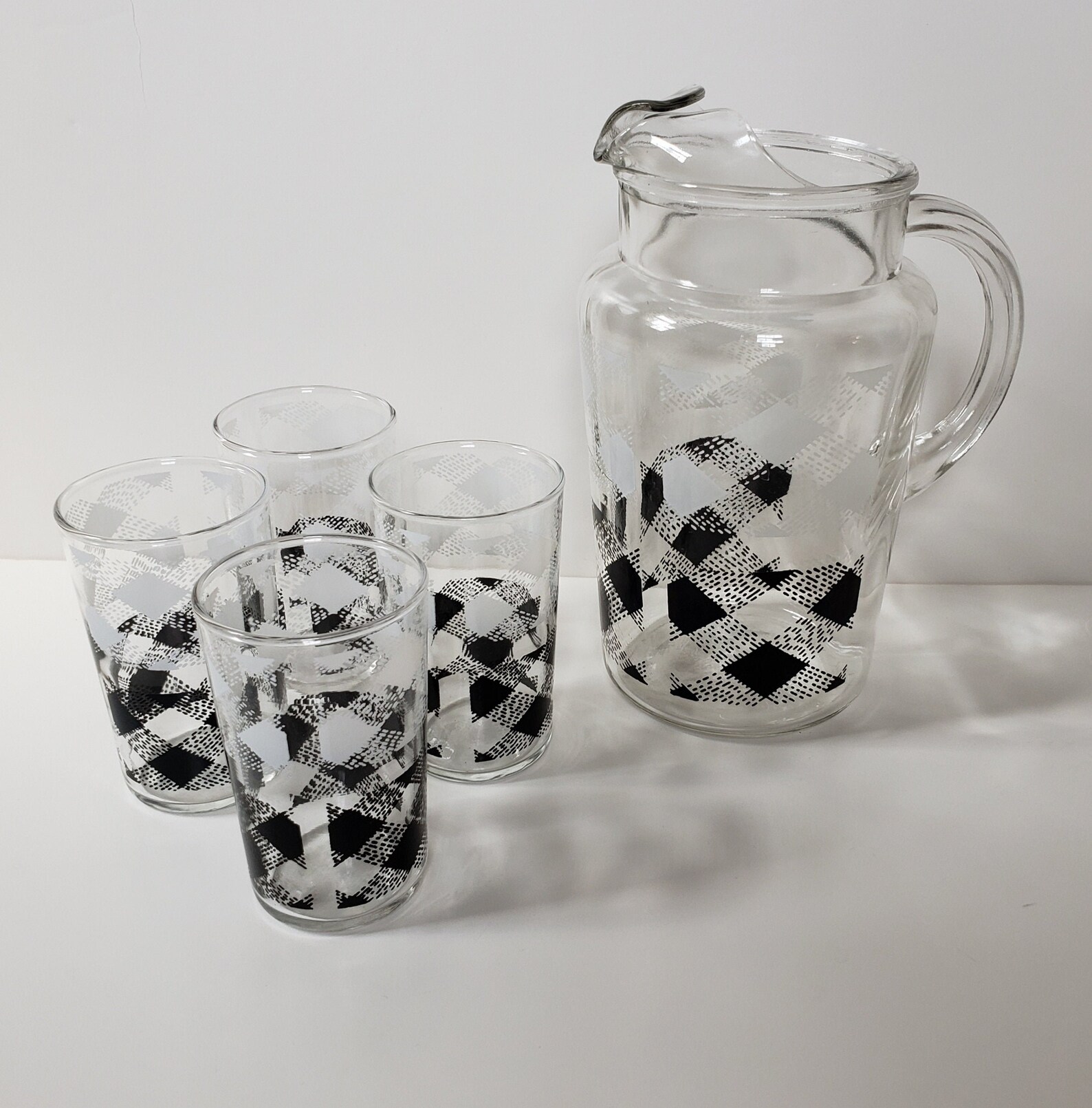 Mid Century Black & White Gingham Plaid Glass Juice Glasses and Pitcher