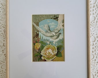 Framed Victorian Dove with Rose, Boho Shabby Chic Art Illustration, Paper Ephemera