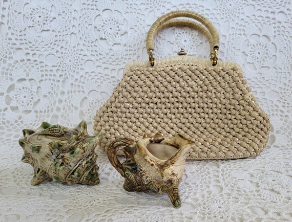 Mid Century Ivory Italian Straw Rafia Beaded Purs… - image 1