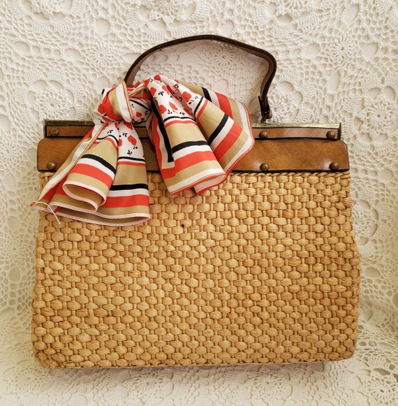 1960s Straw & Leather Grommet Handbag Tote, Women… - image 2