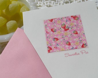 Pink & White Strawberry Thinking of You Card, Retro Floral Preppy, Sweetie Pie Greeting Note, Sale