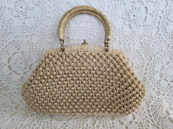 Mid Century Ivory Italian Straw Rafia Beaded Purs… - image 3