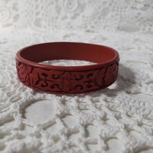 Vintage Cinnabar Red Bangle Bracelet, Chinese Floral Carved Jewelry, Gift for Her