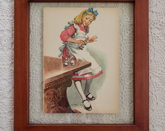 1940s Framed Alice & Wonderland Art Illustration, Girls Bedroom Wall Decor