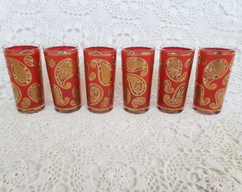 Mid-Century High Ball Glasses by Culver, Red and Gold Paisley, Set of 6