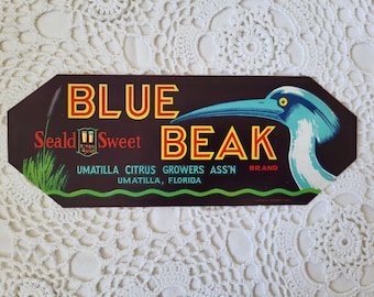 Blue Beak Bird Produce Crate Label, Umatilla FL, Vintage 1930s, Beach House Decor