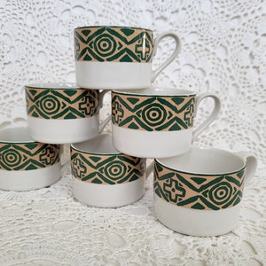1980s Boho Hippie Green & Tan Patterned Coffee Mugs, Set of 6, Ivory Coast Riviera Style