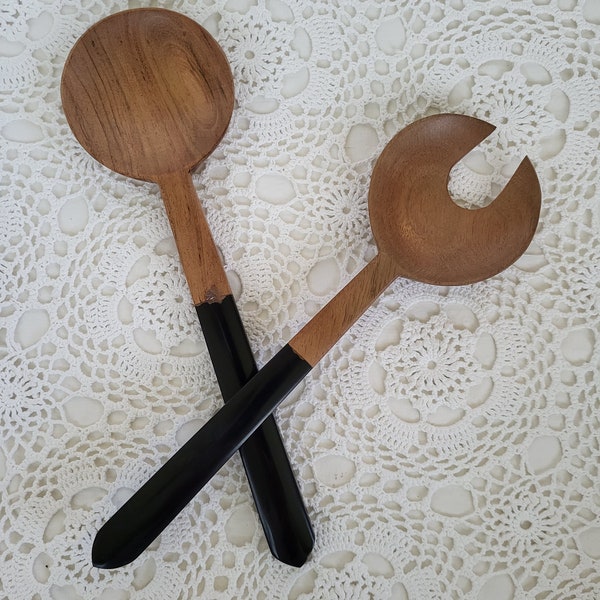 Black Resin and Acacia Wood Boho Salad Servers