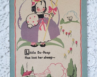 Vintage Little Bo Peep Nursery Rhyme Art Print Illustration, Folk Art, Boho Nursery Wall Decor, Children's Storybook