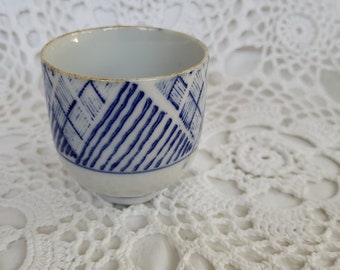 Blue and White Striped Porcelain Tea Cup, Kitchen or Bath Storage, Chinoiserie Home Decor