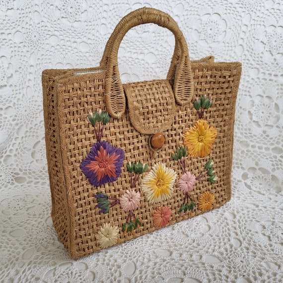 1960s Straw Bag with Floral Raffia,'Bags by Whidb… - image 3