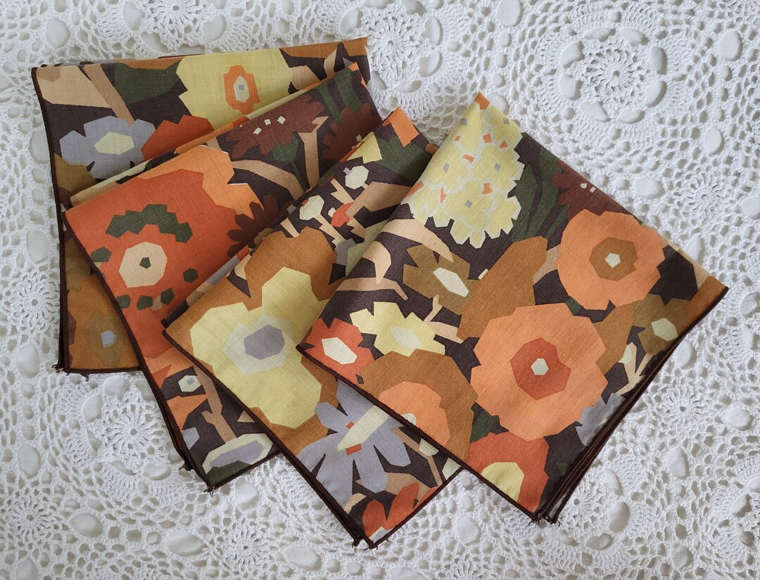Mod 1960s Cotton Floral Napkins Autumnal Colors Set of 4 Etsy