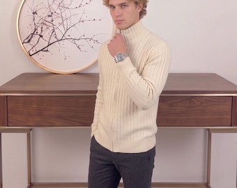 Men's 100% Merino Wool Stand-Up Collar Zip Cardigan Sweater Autumn Winter Business Casual Knitwear