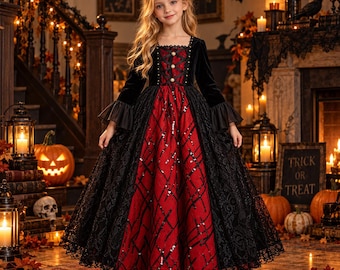 Girls Halloween Dress, Gothic Vampire Princess Costume, Black Lace Tulle Dress, Dark Fairy Outfit, Kids Witch Costume, Halloween Party