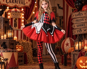 Girls Clown Costume, Red and Black Jester Halloween Dress Set with Headband and Leggings, halloween gift, gift for daughter,