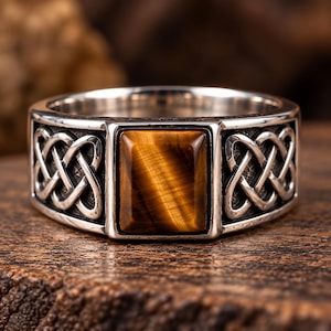 Anillo de plata 925 con múltiples piedras preciosas, anillo de nudo celta de plata de ley, anillo rectangular personalizado con piedra, joyería llamativa hecha a mano, anillo de regalo para hombre