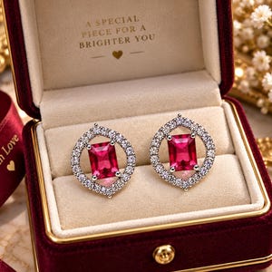 May include: A pair of stud earrings featuring a rectangular red gemstone centered within a pointed oval frame of small clear stones. The earrings are displayed in a deep red velvet box with the text A SPECIAL PIECE FOR A BRIGHTER YOU.