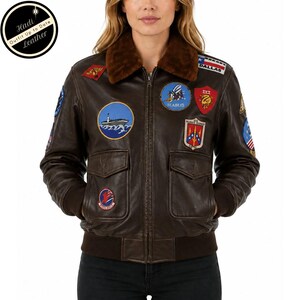 Women's Brown Leather Bomber Jacket, Aviator Pilot Jacket with Patches, Vintage Flight Jacket, Women Cosplay Jacket, Women costumes