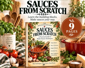 Pode incluir: Um guia digital intitulado Sauces From Scratch com uma ilustração de capa de uma panela de cobre com molho vermelho, manjericão fresco e alho. O texto inclui Homemakersreference e 9 Pages. É um arquivo PDF para impressão.